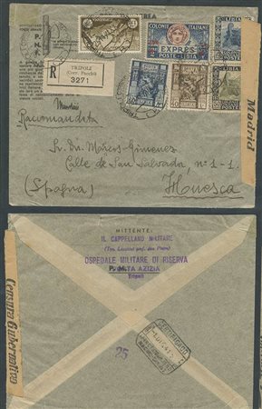 25.11.41, lettera da Tripoli per la Spagna nel periodo della guerra civile; censura spagnola sul lato. Affrancatura composta da Libia P.O. N.50,55,56,105 + Espresso N.10