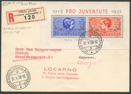 1938, Lettera Raccomandata da Locarno  affrancata con il  BF.N.3 ''PRO JUVENTUTE'' nell'ultimo giorno di Validità.