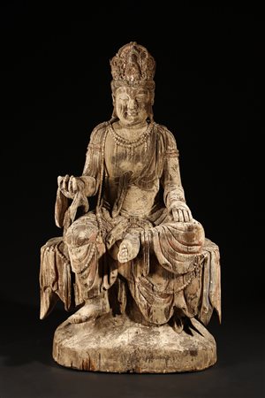  Arte Cinese - Scultura lignea raffigurante Guanyin assisa 
Cina, dinastia Ming o posteriore.