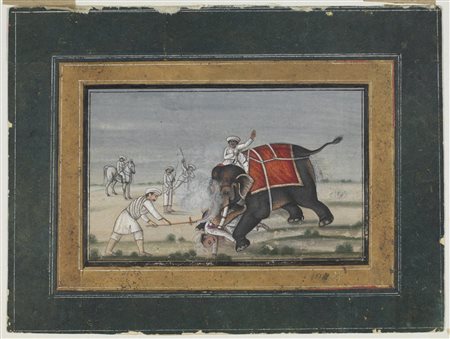  Arte Indiana - Miniatura raffigurante un elefante che uccide un mahout
India, inizio XX secolo .