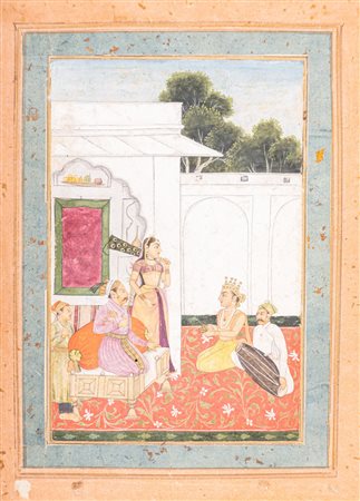  Arte Indiana - Miniatura ozio su terrazza 
India, Mogul provinciale o Deccan, XVIII secolo 
Pigmenti e oro su carta .