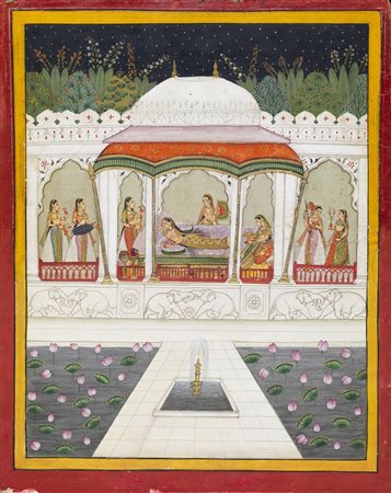  Arte Indiana - Miniatura raffigurante donne su terrazza 
India Settentrionale, Rajasthan, XX secolo  
Pigmenti e oro su carta .