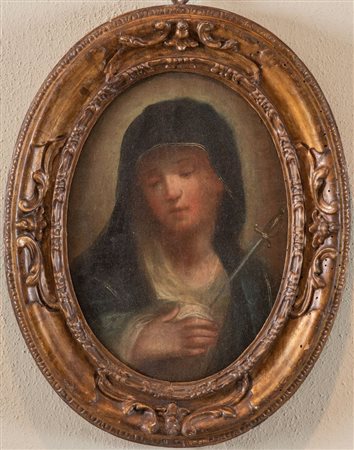 Maestro del XVIII secolo. "Madonna". Olio su tavola. Cm 31x22. Cornice coeva.