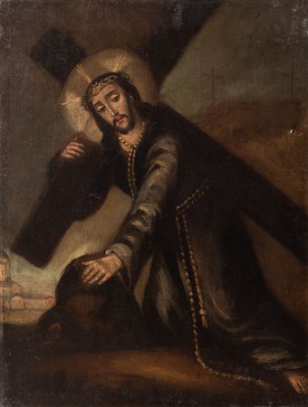 Maestro spagnolo del XVII secolo. "Cristo che porta la Croce". Olio su tela....