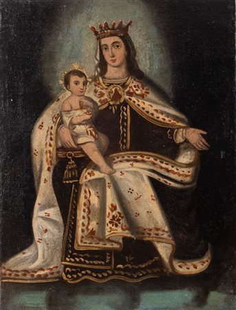 Maestro spagnolo del XVII secolo. "Madonna in trono". Olio su tela. Cm 80x60.