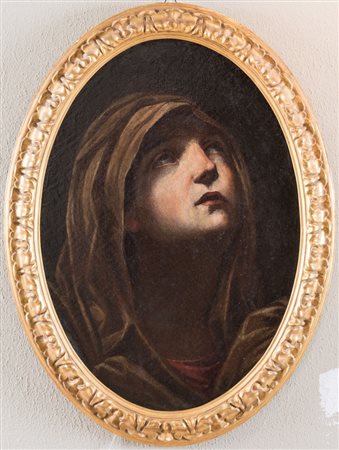 Scuola Emiliana del XVII secolo. "Madonna in adorazione". Olio su tavola...