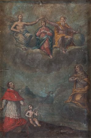 Maestro del XVIII secolo. “Madonna in gloria con santo e angeli”. Olio su...