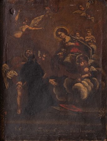 Maestro del XVII secolo. "Madonna in gloria con santo". Olio su tela. Cm...