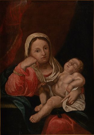 Maestro del XVII secolo. "Madonna con bambino". Olio su tela. Cm 76,5x55.