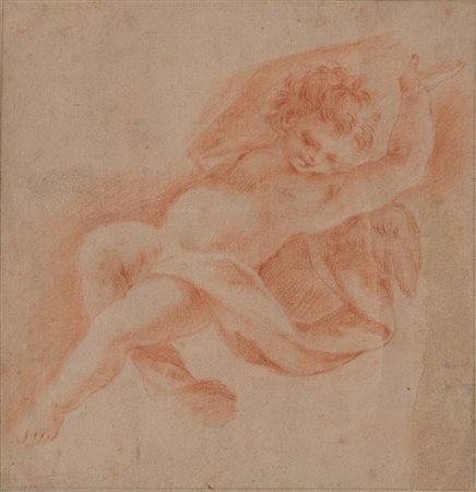 Maestro emiliano del XVIII secolo. "Putto". Disegno a sanguigna su carta. Cm...