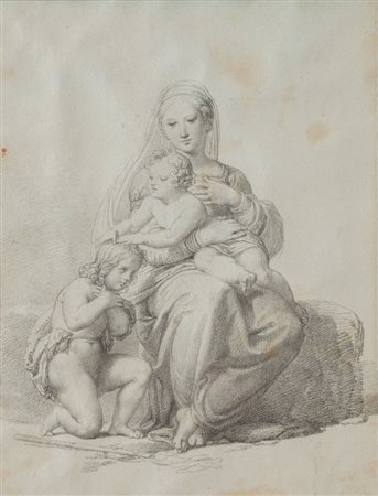 Maestro del XIX secolo. "Madonna con bambino e san Giovannino". Disegno a...