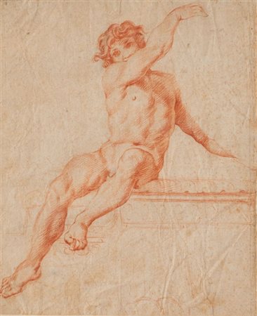 Scuola emiliana XVII secolo. "Nudo maschile". Disegno a sanguigna su carta....