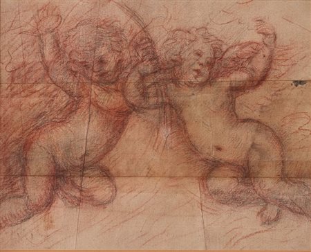 Maestro del XVII secolo. “Due putti”. Disegno a sanguigna e matita su carta....