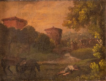 Maestro del XIX secolo. "Paesaggio". Olio su tela. Cm 25x32. (restauri)