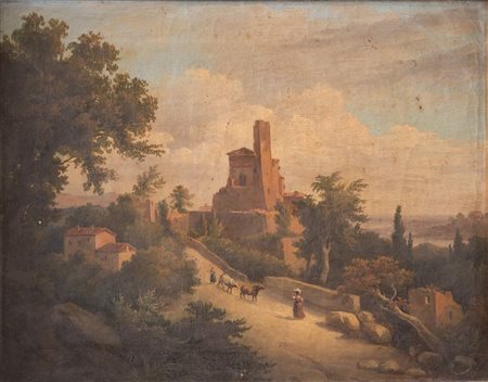 Maestro del XIX secolo. "Campagna romana". Olio su tela. Cm 42x53.