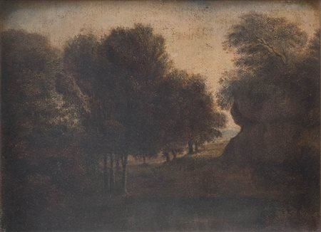 Maestro del XVIII secolo. “Paesaggio”. Olio su tela applicato su tavola. Cm...