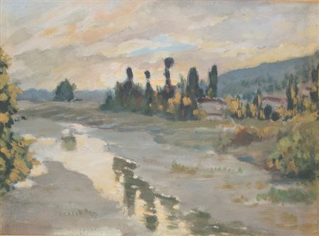 Maestro del XIX secolo. "Paesaggio con fiume". Olio su cartone. Cm 23x30.