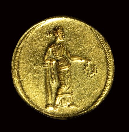 A greek hellenistic gold engraved ring. Allegorical female figure with a laurel wreath. 4th century B.C.