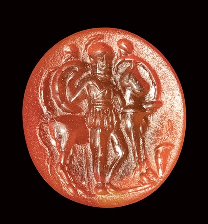 A rare roman carnelian intaglio. Scene of a sacrifice by Agamemnon. 1st century BC - 1st century AD.