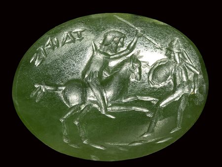 An eastern roman green chalcedony intaglio. Military fight scene. <br><br>2nd - 3rd century A.D.