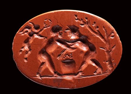 A roman red jasper intaglio. Fight scene. <br><br>2nd - 3rd century A.D.