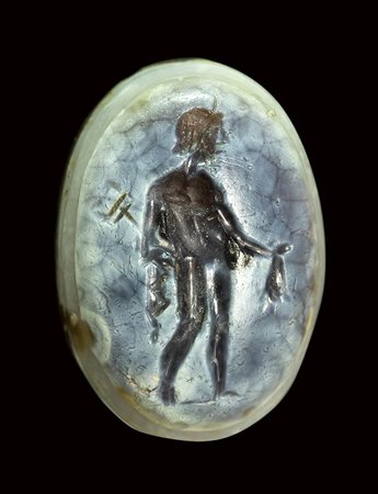 A roman burnt agate intaglio. Mercury.<br><br>2nd century A.D. 