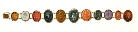 Eleven intaglios set in a fine gold bracelet. Various subjects. 18th - 19th century.