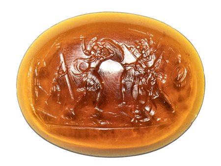 A large orange glass impression. Battle scene.<br><br>19th century.