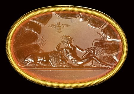 A fine neoclassical Poniatowski  carnelian intaglio signed Dioscourides, set in a gold frame. The Sleep with a lion. 19th century. 