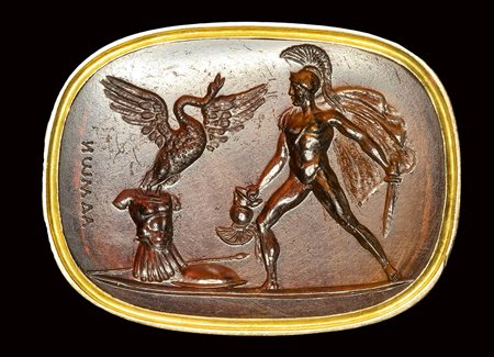 A fine neoclassical Poniatowski  carnelian intaglio signed Admon, set in a gold frame. Achilles and the metamorphosis of Cycnus. 19th century.