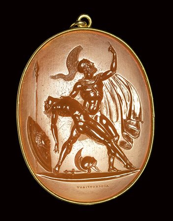 A fine neoclassical Poniatowski  carnelian intaglio signed Dioskourides, set in a gold pendant. Mezentius vowing to avange the death of Lausus, sustaining him. 19th century.