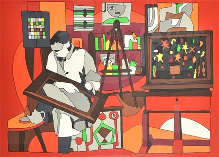 Ugo Nespolo L'ATELIER DELL'ARTISTA serigrafia su carta Fabriano, cm 50x70;...