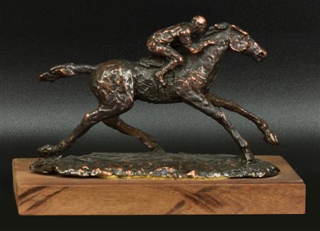 Eugenio Lenzi FANTINO A CAVALLO scultura in bronzo con base in legno, cm...