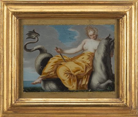 Scuola del secolo XVII "Nereide su mostro marino" e "Satiressa" coppia di verre