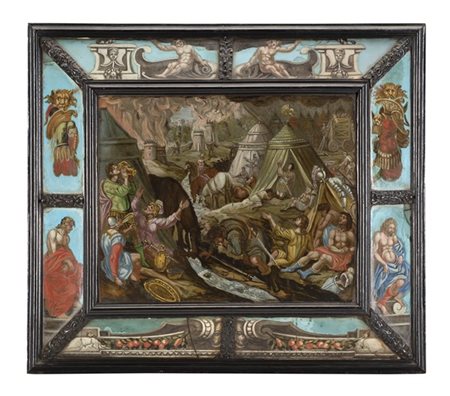 Scuola del secolo XVII "Accampamento militare" verre-peint (cm 23x28) In cornic