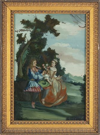 Scuola francese, secolo XVIII "Scene galanti" gruppo di quattro verre-peint (cm