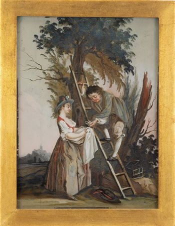 Scuola francese, secolo XVIII "Il nido di passerotti" verre-peint (cm 25,5x19,5