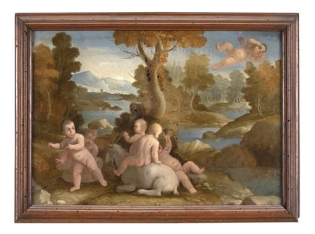 Scuola del secolo XVIII "Putti che giocano con la capra Amaltea" verre-peint (c