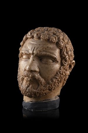 Testa virile raffigurante Caracalla in pietra porosa (h. tot. cm 12) (difetti)