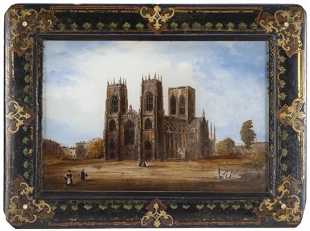 Scuola inglese, secolo XIX "York Minster" verre-peint con inserti in madreperla