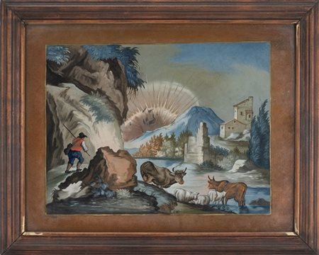 Scuola del secolo XVIII "Paesaggio fluviale con pastore e armenti" verre-peint