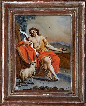 Scuola del secolo XVIII "San Giovanni Battista con agnello" verre-peint (cm 20x