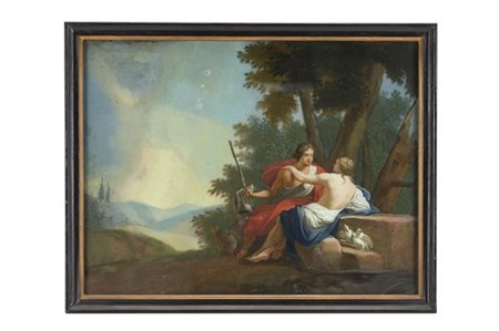 Scuola del secolo XVIII "Venere e Adone" verre-peint (cm 28,5x37,5) In cornice