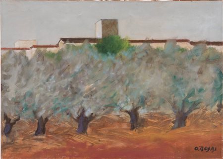 Ottone Rosai (Firenze 1895 - Ivrea 1957), “Oliveto a Monte Ripaldi”, 1957.Olio su tela, firmato