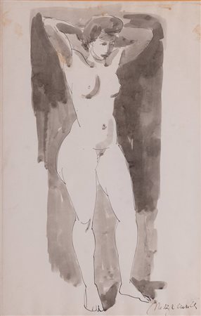 Renato Marino Mazzacurati (Galliera 1907 - Parma 1969), “Figura femminile”.China acquerellata