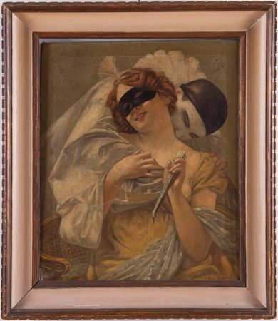 Carlo Pennacchietti (Porto San Giorgio 1870 - 1950), “Pesonaggi in maschera”.Olio su tela,