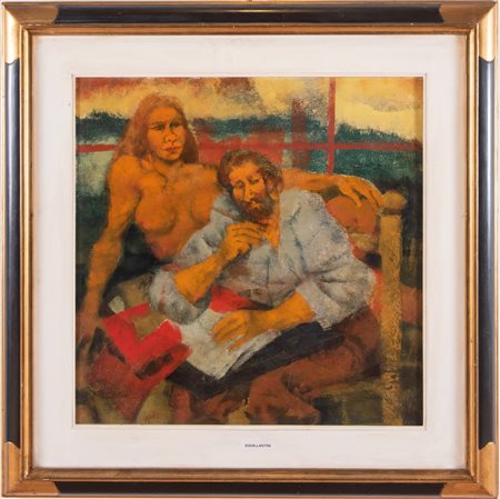 Remo Squillantini (Stia 1920 - Firenze 1996), “Il poeta e la musa”, 1991.Olio su tavola,