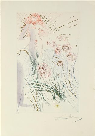 Salvador Dali' THE BELOVED FEED BETWEEN THE LILIES acquaforte-acquatinta, cm...