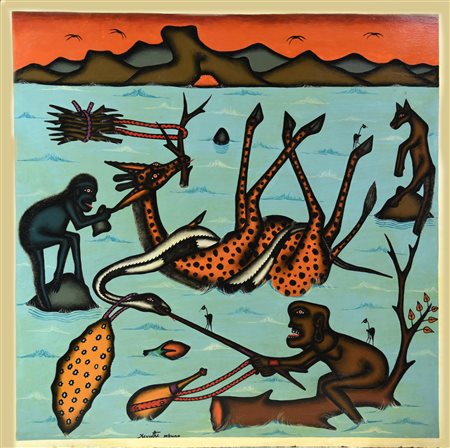 Kivuthi Mbuno THE SILENT HUNTER acrilico su faesite, cm 80x80 firma eseguito...