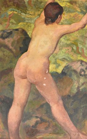 Nino Bertoletti NUDO DI SPALLE olio su masonite, cm 82x54 sul retro: firma e...